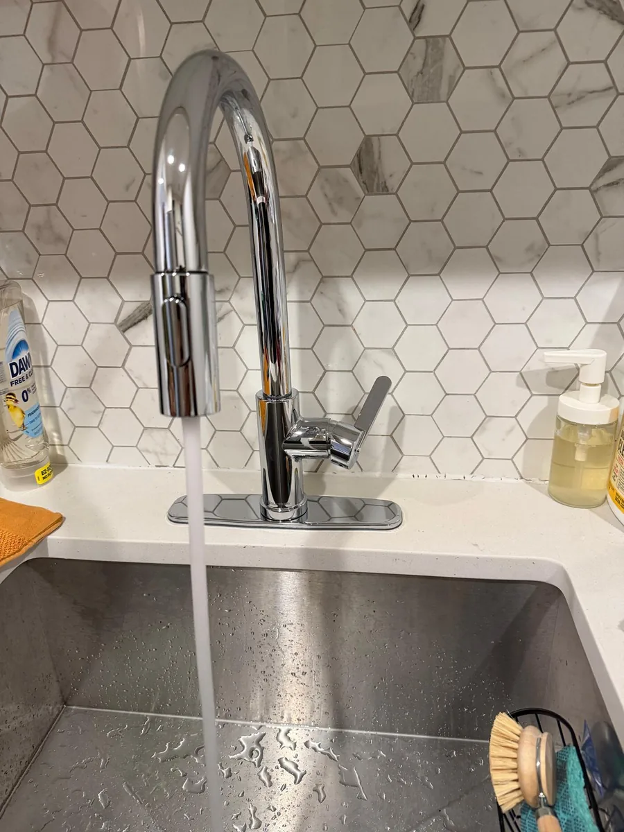 Kitchen sink and tall curved faucet